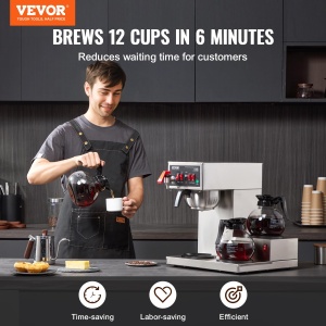 Cafetiera VEVOR FRB-286-BD3 12 Cesti 3 Carafe Sticla Inox - Img 2