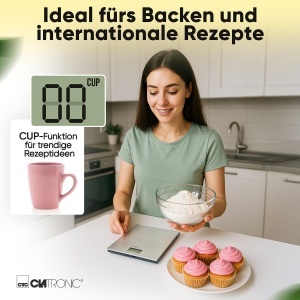 Cantar de bucatarie Clatronicr digital Trepte de 1gr pana la 5kg cu indicatie de cupa cupe Ideal pentru retete in tendinte extra plat Functia de tara  - Img 3