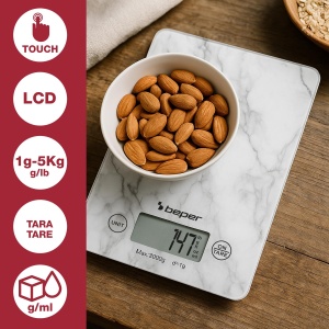 Cantar de bucatarie digital Beper P102BIL004, 1g-5kg, sticla securizata, alb marmorat - Img 2