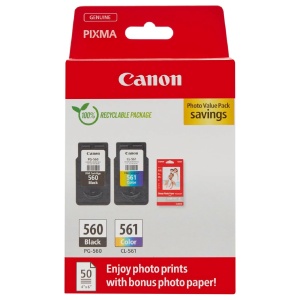 Cartuse imprimanta Canon PG-560CL-561, negru si color, cu 50 coli hartie foto lucioasa 10x15 cm