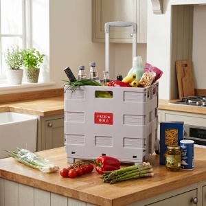 Carucior de cumparaturi Relaxdays, pliabil, capacitate 35 kg, culoare gri deschis - Img 3