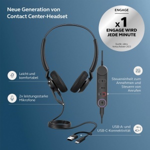 Casti audio Jabra Engage 40 cu cablu, 2 microfoane, design ultraleger - Img 2