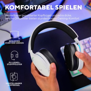 Casti pentru jocuri Trust Gaming GXT 491W Fayzo Bluetooth + 2.4GHz, sunet surround 7.1, durata de viata a bateriei 22H, 35% plastic reciclat RGB Casti over-ear PC Bluetooth fara fir PS5 PS4 Switch, alb - Img 7
