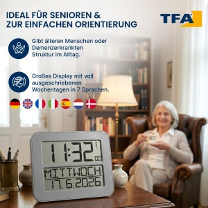 Ceas de perete digital TFA Dostmann Timeline Max, cu alarma, argintiu - Img 2