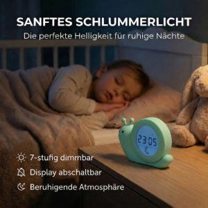 Ceas desteptator pentru copii Alecto BC110GN Simon, 3-in-1, design melc, noapte luminoasa - Img 5