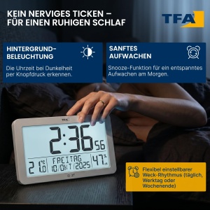 Ceas digital de perete TFA Dostmann 60.2568.54, cu temperatura si umiditate, argintiu - Img 6