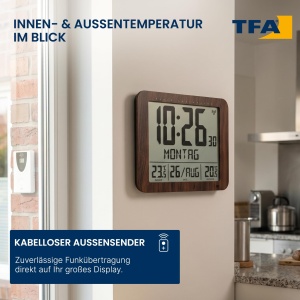 Ceas digital TFA Dostmann 60.4518.08, cu design lemnos, afisaj mare, termometru interior si exterior - Img 3