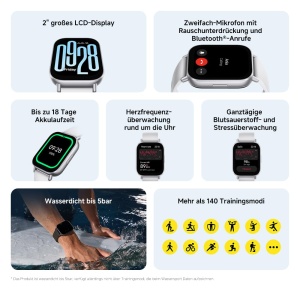 Ceas inteligent activ Xiaomi Redmi Watch 5, ecran LCD de 2,0", baterie de 18 zile, 140+ moduri sportive, urmarire ritm cardiac si SPO2, 5ATM rezistent la apa, apeluri Bluetooth, tracker de fitness, monitorizare somn - Img 2