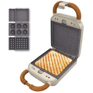 Cecotec Sandwich Maker Rock'Ntoast Retro One Beige. Trei placi interschimbabile, design retro, acoperire cu piatra de roca, 700W, indicator luminos, baza antiderapanta, maner rece, cleste de blocare - Img 1