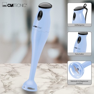 Clatronic Blender de mana/Blender de mana/Blender de mana/Blender SM 3577; Cutit de impact din otel inoxidabil; pentru smoothie, piure de dovleac, terci pentru bebelusi, milkshake; cu ulcior de blender (500 ml); 180 wati; albastru - Img 3