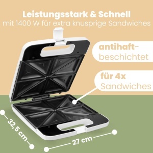 Clatronic(r) Sandwich Maker | Prajitor de paine electric pentru sandvisuri | Aparat de sandvisuri cu 4 felii | panouri sandwich triunghiulare (antiaderente) | Controler automat de temperatura | 1200 wati | ST 3629 alb - Img 2
