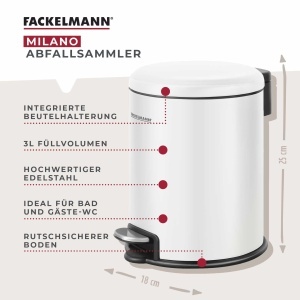 Cos de gunoi FACKELMANN MILANO 3L Alb mat, cu capac, pentru baie si WC - Img 2