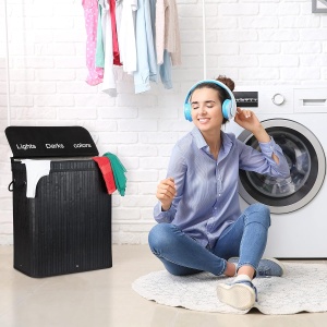 Cos de rufe Relaxdays, bambus, 3 compartimente, 90 litri, cu capac - Img 3