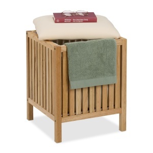 Cos de rufe Relaxdays cu loc de sezut, 30 l, lemnstofa, naturalalb