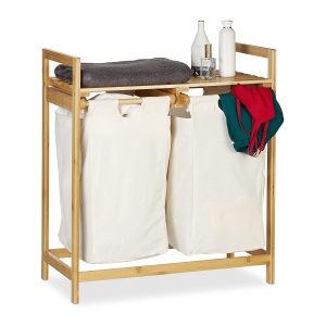 Cos de rufe Relaxdays din bambus, 60 litri, 2 compartimente, alb
