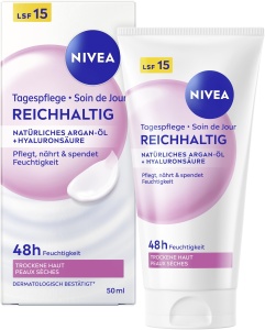 Crema de fata NIVEA Tagespflege Reichhaltig, 50 ml, cu ulei de argan si SPF 15