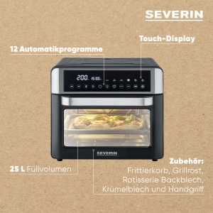 Cuptor de paine prajita si friteuza cu aer SEVERIN 2 in 1, friteuza cu aer, 25 L, cu afisaj LED, temporizator si 12 programe automate, inclusiv tava de copt, gratar pentru gratar, cos de prajit, 40-220 deg C, 2.200 W, negru-argintiu, TO 9579 - Img 7