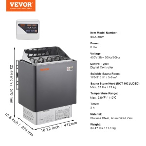 Cuptor sauna VEVOR SCA-60BW, 6 kW, pentru spatii de 5-9 m, control digital - Img 7