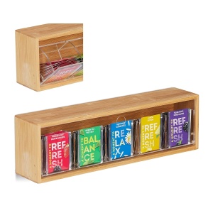 Cutie pentru ceai Relaxdays, 5 compartimente, 50 plicuri, natur, transparent