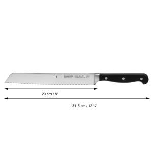 Cutit de paine WMF Top Class Plus cu margine zimtata dubla 31,5 cm, cutit pentru chifle, fabricat in Germania, taietura de performanta, maner XL, cutit de paine cu margine zimtata, lama 20 cm - Img 2