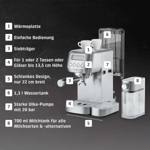 Espressor cafea CASO Espresso Gourmet Latte, 20 bar, cu recipient pentru lapte, inox - Img 4