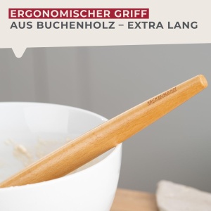 Fackelmann Agitator de aluat pentru paste, focaccia si aluat - Tel pentru aluat aerisit - Tel danez cu maner ergonomic din lemn de, argintiu/maro - Img 7