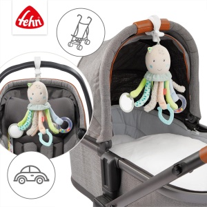 Fehn Activity Play Animal Octopus - Jucarie pentru abilitati motorii pentru bebelusi pentru carucioare, patuturi si scaune auto pentru bebelusi pentru a musca, apuca si scoate sunete - jucarii de dentitie pentru bebelusi si copii de la 0+ luni - Img 5