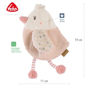 Fehn Knister-Vogel 045079 Jucarie pentru bebelusi cu efecte sonore si broderie Glow-in-the-dark - Img 4