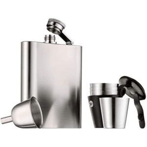 Flacon din otel inoxidabil WMF Manhattan 200ml cu trunchi si 4 pahare in etui din piele