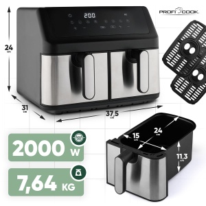 Friteuza cu aer cald ProfiCook PC FR 1296 H 9L 2 compartimente 8 programe automate - Img 7