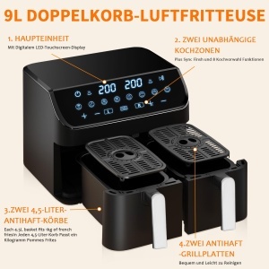 Friteuza cu aer cald YASHE Dual Zone, 9L, Touchscreen, 8 programe presetate - Img 7