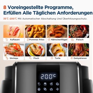 Friteuza cu aer Midea MF-CN40C2 4L friteuza cu aer fara ulei 1500W 8 moduri de gatit preprogramate 35-200degC coacere prajit gratar dezghetare alarma  - Img 3