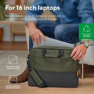 Geanta pentru laptop Trust Lisboa 16 inch, geanta de umar barbati femei cu curea de carucior, geanta din sticle PET reciclate, geanta de lucru pentru afaceri de calatorie MacBook notebook HP Dell Asus Lenovo - verde - Img 2