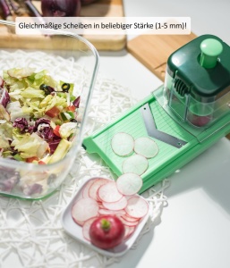 Genius Nicer Dicer Chef Speed Slicer Feliator reglabil incl. buncar la indemana (2 bucati) - pentru taierea feliilor subtiri (1-5mm) - Feliator de castraveti Feliator de legume Feliator de legume, verde - Img 2
