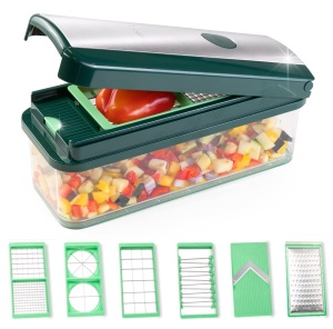 Genius Nicer Dicer Feliator de legume exclusiv 15 bucati Taietor de zaruri + Set de feliator de rosii 4 insertii + razatoare grosiera si feliator + recipient de colectare 2500 ml, verde - Img 1