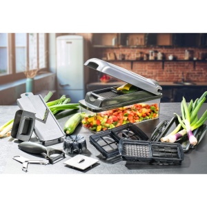 Genius Nicer Dicer Plus (12 bucati) feliator de legume feliator de ceapa cartofi prajiti feliator de fructe feliator de alimente - cuburi/felii/felii/coaja/magazin, A34141, argintiu/negru - Img 2