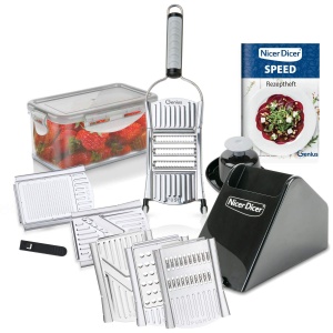 Genius Nicer Dicer Speed Deluxe Set 13 piese Feliator manual V-Slicer - Feliator manual reglabil cu lama in V din otel inoxidabil - Feliator de legume Feliator de legume cu taietor de juliene, argintiu - Img 1