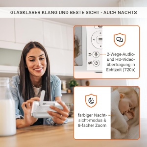 Gigaset Baby 500 Video - Monitor video pentru bebelusi cu transmisie video HD - Tehnologie Secure FHSS - Ecran LCD IPS de 5" - Durata lunga de viata a bateriei - Mod de vedere pe timp de noapte color - Alb crem/Bronz - Img 5