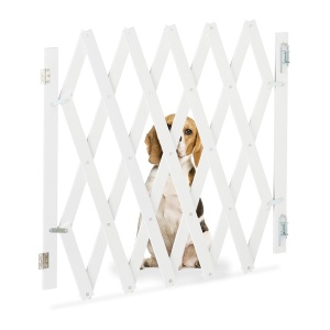 Gratar de protectie pentru caini Relaxdays, extensibil 35-126 cm, inaltime 70-82 cm, bambus, alb