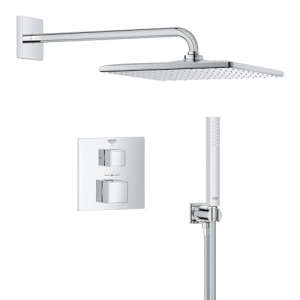 GROHE Precision 310 Cube - Sistem de dus (Dus deasupra capului de 310 mm cu 1 tip de pulverizare, Dus de mana 1 spray, Cutie incorporata universala, Dus de mana, Furtun de dus de 150 cm), unghiular, Crom, 34879000