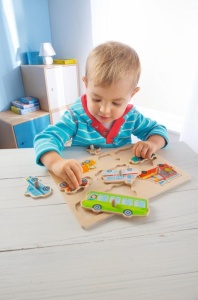 HABA 301940 - Lumea vehiculelor de puzzle de prindere jucarii din lemn de la 12 luni puzzle din lemn din 8 piese cu motive colorate de vehicule cu but - Img 3
