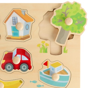 HABA First Words Grabbing Puzzle - Puzzle din lemn cu butoane mari pentru invatarea primelor cuvinte descoperirea culorilor si recunoasterea formelor  - Img 4