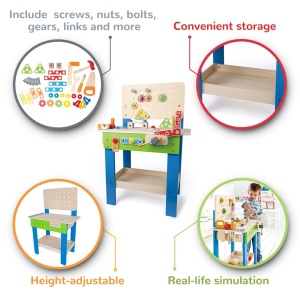 Hape Meister-Werkbench | Banca de instrumente din lemn premiata pentru copii Joc de jucarie Constructie creativa, atelier reglabil pe inaltime de 35 de piese pentru copii mici - Img 2