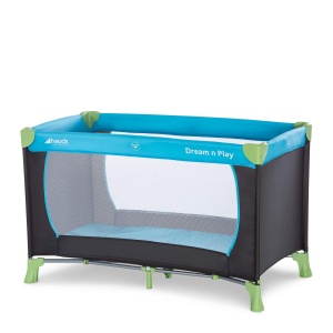 hauck Pat de calatorie pentru copii Dream N Play de la nastere pana la 15 kg, Mic pliabil cu landou si fund pliabil, suprafata de culcare 120 x 60 cm (Albastru apa)