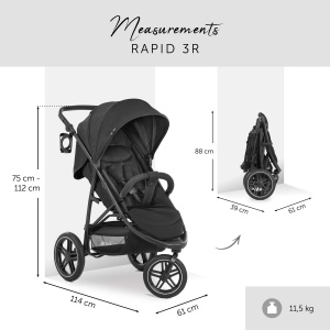 hauck Rapid 3R, Negru - Carucior pentru copii tricicleta cu anvelope de cauciuc, suspensie si pozitie culcata de la nastere pana la 22 kg, protectie UV 50+, glisor pliabil, reglabil pe inaltime cu suport pentru pahare - Img 3