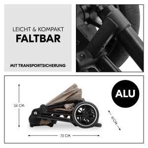 Hauck Set carucior 2 in 1 de la nastere pana la 22 kg Set Move N Care, Landou mare, Scaun carucior reversibil cu functie de inclinare, Maner telescopic, Roti din cauciuc, Suspensie, Protectie UV 50+, Pliabil, Cos XL (Mocha) - Img 7
