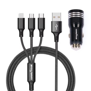 Incarcator auto Goodyear 3 in 1 cu cablu dual USB de 120 cm
