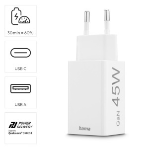 Incarcator Rapid Hama USB, 45W, Alb, Cu 2 Porturi USB-C si USB-A - Img 2