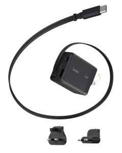Incarcator USB-C Belkin UltraCharge 70W cu cablu retractabil, 3 porturi
