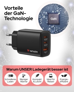 Incarcator Verbatim Essentials 65W GaN cu 2 USB-C si 1 USB-A, Negru - Img 4